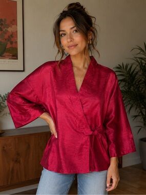 Women's Red Satin Wrap Trench Coat